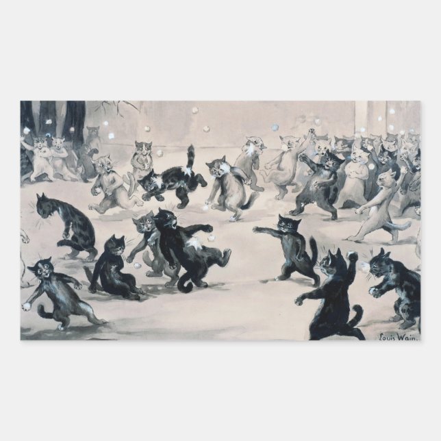 Cats Snowball Fight, Louis Wain Rechteckiger Aufkleber (Vorderseite)