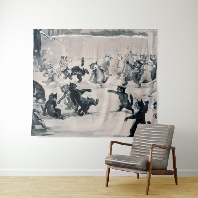 Cats Snowball Fight, Louis Wain Wandteppich (Beispiel (Horizontal))