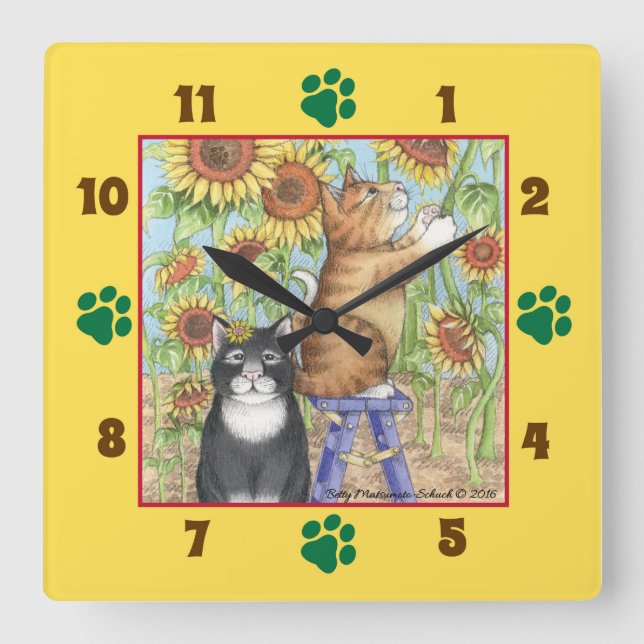 Cats With Sunflowers Square Wall Clock Quadratische Wanduhr (Vorderseite)