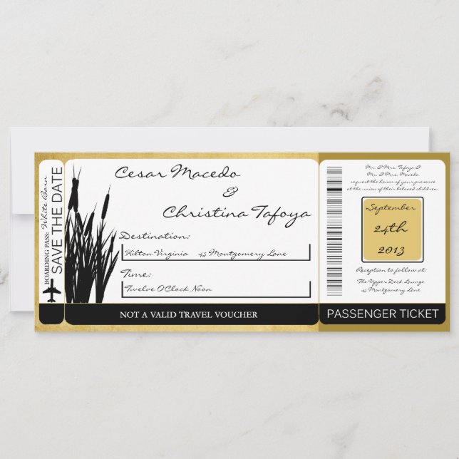 Cattail/Dragonfly Boarding Pass Einladung Hochzeit (Vorderseite)