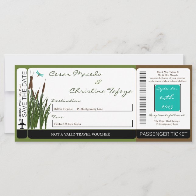Cattail/Dragonfly Boarding Pass Wedding Invitation Einladung (Vorderseite)