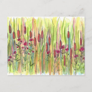 Cattails Wildblumen Wasserfarbe Zeichnend Postkarte