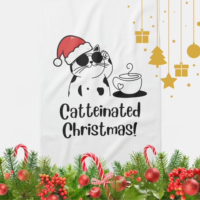 Catteinated Christmas Coffee and Cat Lover Holiday Geschirrtuch (Von Creator hochgeladen)