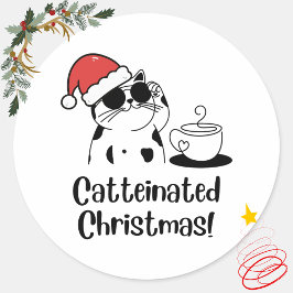Catteinated Christmas Coffee and Cat Lover Holiday Runder Aufkleber