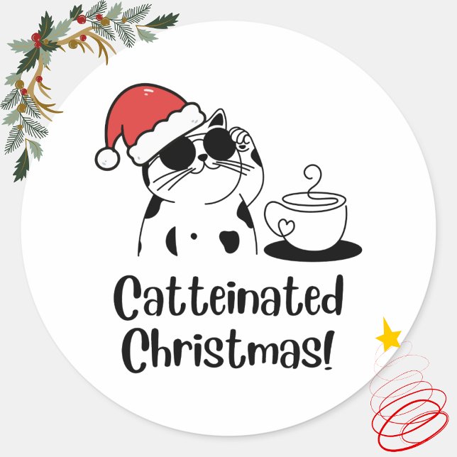 Catteinated Christmas Coffee and Cat Lover Holiday Runder Aufkleber (Von Creator hochgeladen)