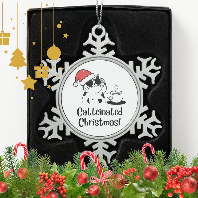Catteinated Christmas Coffee and Cat Lover Holiday Schneeflocken Zinn-Ornament (Von Creator hochgeladen)