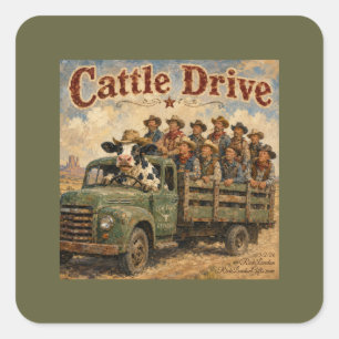 Cattle Drive Cartoon – Kuh lenkt Cowboys Quadratischer Aufkleber