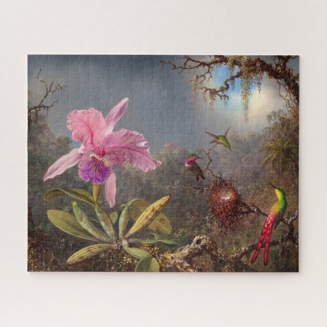 Cattleya Orchid und Three Hummingbirds by Heade Puzzle (Horizontal)