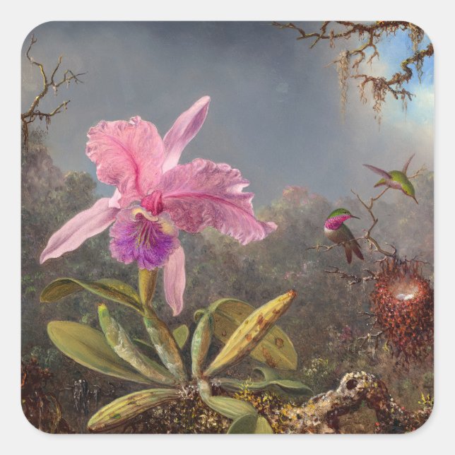 Cattleya Orchid und Three Hummingbirds by Heade Quadratischer Aufkleber (Vorderseite)