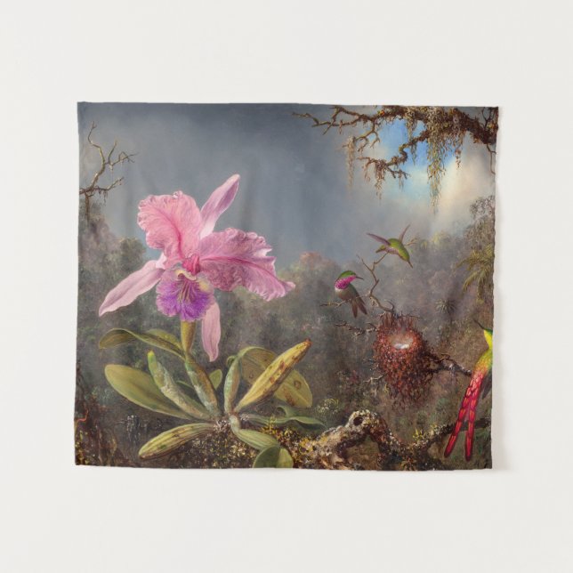 Cattleya Orchid und Three Hummingbirds by Heade Wandteppich (Vorderseite (Horizontal))