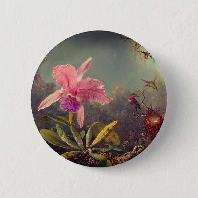 Cattleya Orchid und Three Hummingbirds Heade Button (Vorderseite)