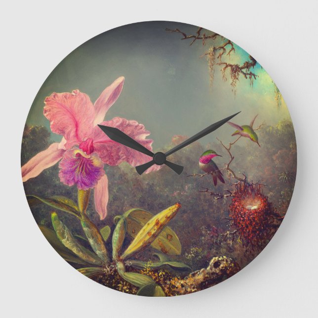 Cattleya Orchid und Three Hummingbirds Heade Große Wanduhr (Vorderseite)