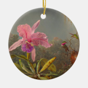 Cattleya Orchid und Three Hummingbirds Heade Keramik Ornament