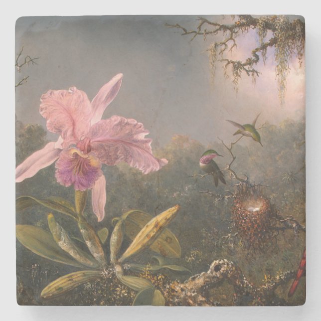 Cattleya Orchid und Three Hummingbirds (Heade) Steinuntersetzer (Vorderseite)