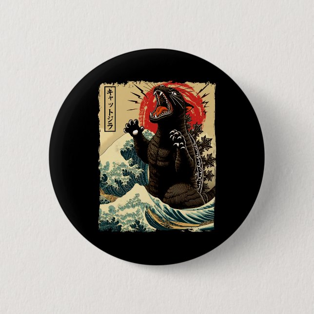Catzilla Cat Art Funny Cat Japanisch für Männer Fr Button (Vorderseite)