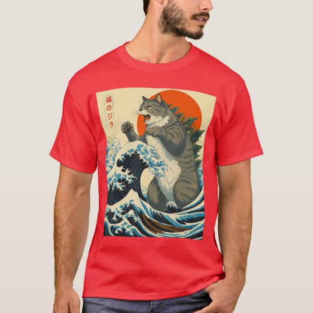 Catzilla Cat Japanese Art Funny Cats Gifts for Men T-Shirt (Vorderseite)