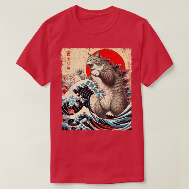 Catzilla Cat Japanese Art Funny Pillow T-Shirt (Design vorne)