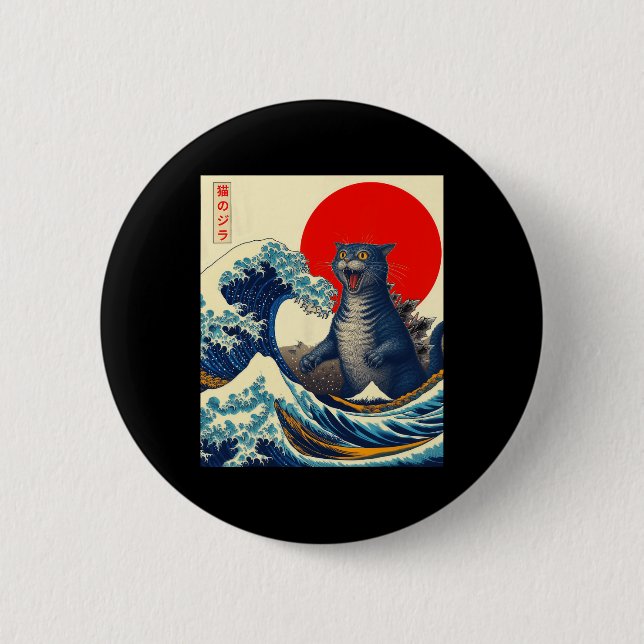 Catzilla Cat Japanisch Kunst Funny Cat Geschenke f Button (Vorderseite)