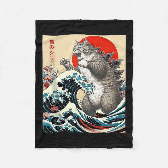 Catzilla Cat Japanisch Kunst Funny Cat Geschenke f Fleecedecke (Vorderseite)