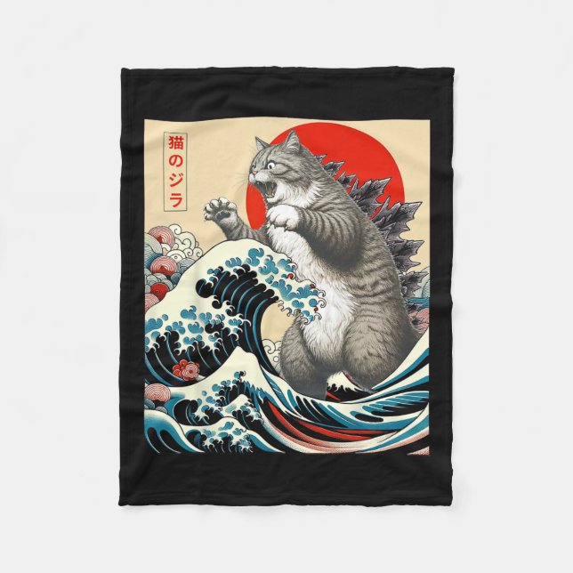 Catzilla Cat Japanisch Kunst Funny Cat Geschenke f Fleecedecke (Vorderseite)