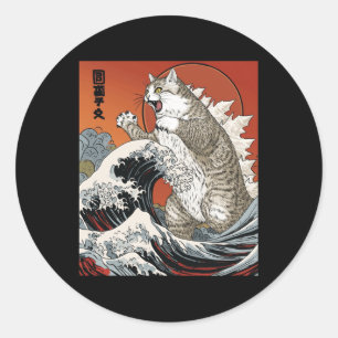 Catzilla Cat Japanisch Kunst lustige Katze für Män Runder Aufkleber