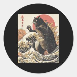 Catzilla Cat Japanisch Kunst lustige Katze für Män Runder Aufkleber