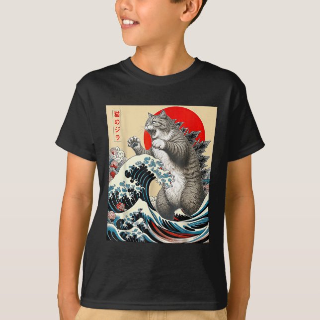 Catzilla Cat Japanische Kunst T-Shirt (Vorderseite)