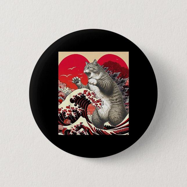 Catzilla Cat Valentine Japanisch Kunst Funny Cat G Button (Vorderseite)