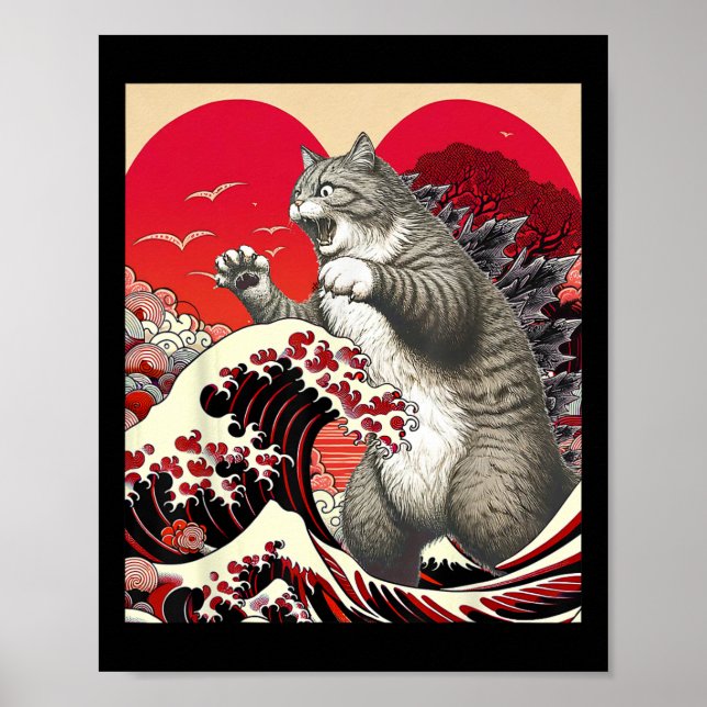 Catzilla Cat Valentine Japanisch Kunst Funny Cat G Poster (Vorne)