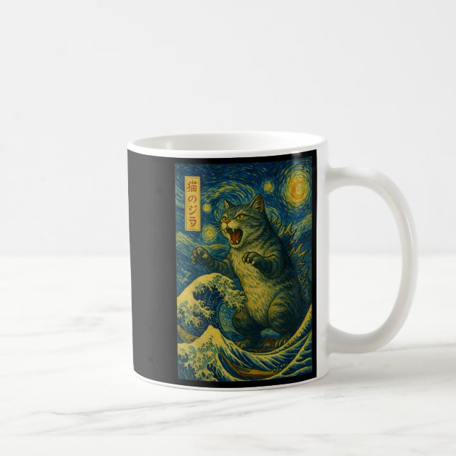 Catzilla Funny Cat Japanisch Art Starry Night Wave Kaffeetasse (Rechts)