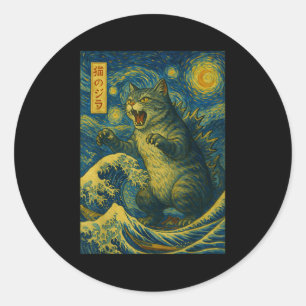 Catzilla Funny Cat Japanisch Art Starry Night Wave Runder Aufkleber