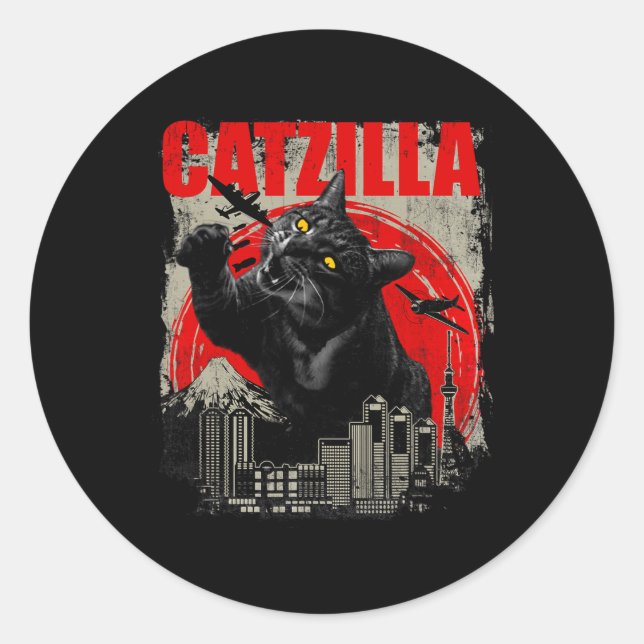 Catzilla - Funny Cat Lover Kitten Kitty Kurz Slee Runder Aufkleber (Vorderseite)