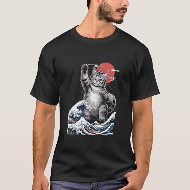 Catzilla Great Wave Mashup Illustration Langärmeli T-Shirt (Vorderseite)