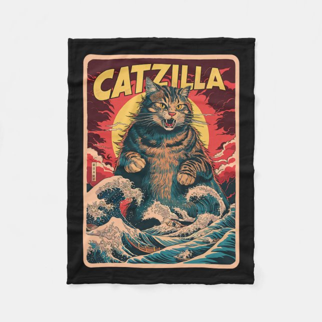 Catzilla Japanese Art Funny Cat Vintag Graphic Fleecedecke (Vorderseite)