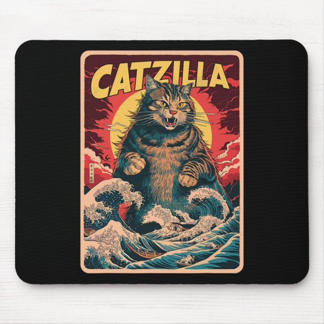 Catzilla Japanese Art Funny Cat Vintag Graphic Mousepad (Vorne)