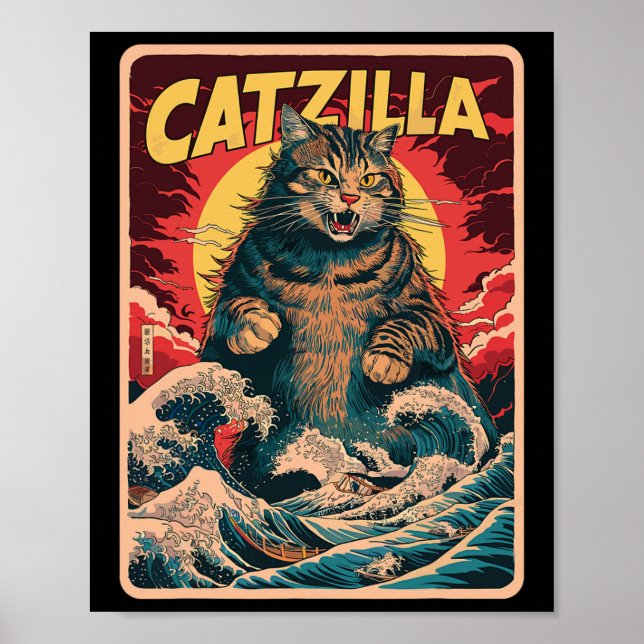 Catzilla Japanese Art Funny Cat Vintag Graphic Poster (Vorne)