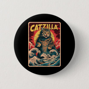 Catzilla Japanische Kunst Lustige Katze Vintage-Gr Button