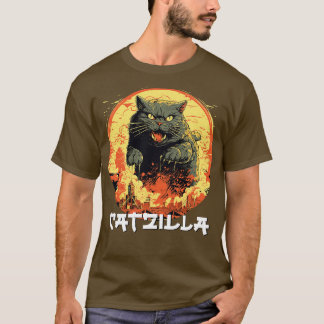 Catzilla Japanischer Sonnenuntergang Lustige Katze T-Shirt