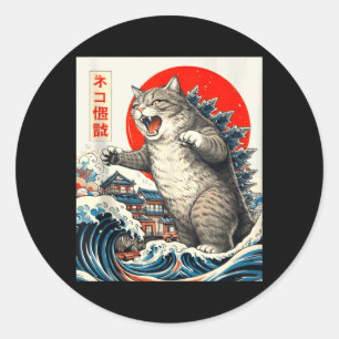 Catzilla Katze japanische Kunst lustige Katze Graf Runder Aufkleber