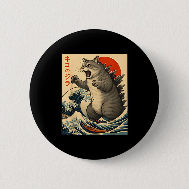 Catzilla Katze Japanische Kunst Lustige Katzen Ges Button (Vorderseite)