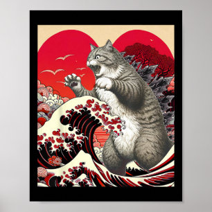 Catzilla Katze Valentine Japanische Kunst Lustiges Poster