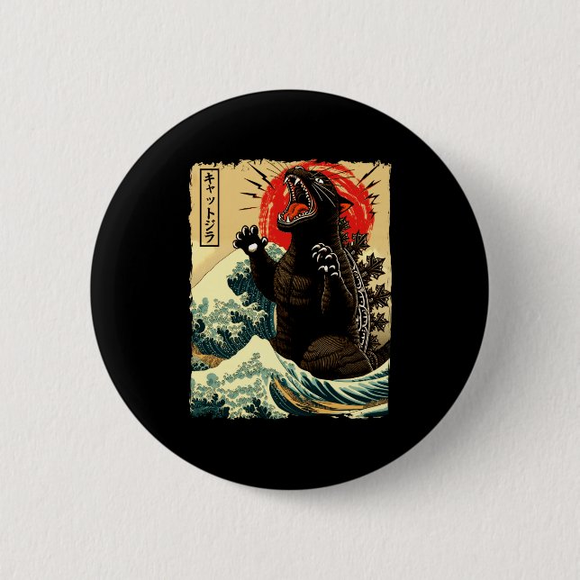 Catzilla Lustiger Japanischer Stil  Button (Vorderseite)