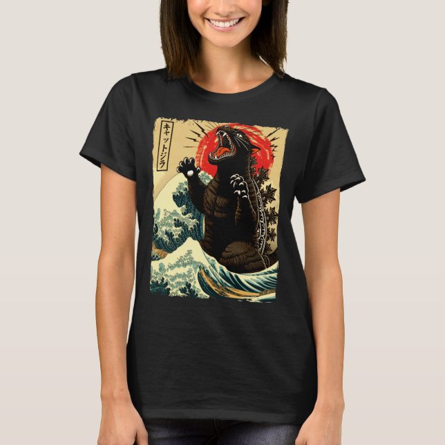 Catzilla Lustiger Japanischer Stil  T-Shirt (Vorderseite)