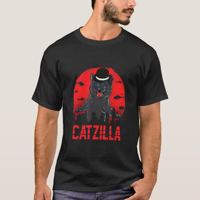 Catzilla mit Bowlerhut-Katze und Kätzchen T-Shirt (Vorderseite)