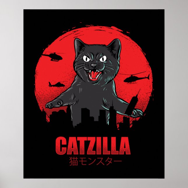 Catzilla Monster Cat Destroys Skycraper Gebäude Poster (Vorne)