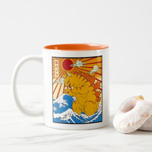 Catzilla Off Kanagawa Funny Japanese Art Cat Graph Zweifarbige Tasse (Mit Donut)