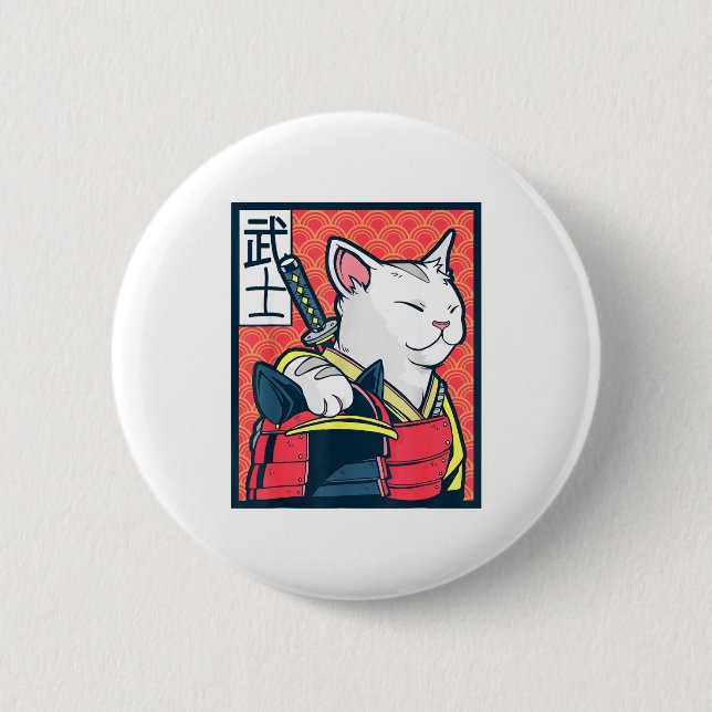 Catzilla Uralte japanische Katzenkunst Vintage-Nin Button (Vorderseite)