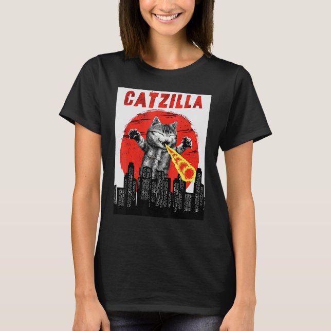 Catzilla Vintag Niedlich Cat Sunset Catzilla T-Shirt (Vorderseite)