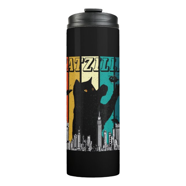 Catzilla Vintag Retro Funny Cat Kitten Halloween Thermosbecher (Vorderseite)