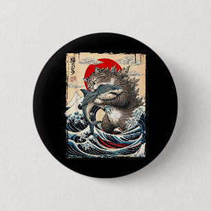 Catzilla vs Meg Japanische Great Wave Kunst Funny Button